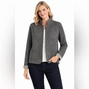 Grey and Black Checkered Cashmere Wool & Cotton Snap Front Jacket Women Size L